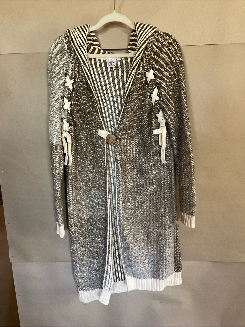 Brown and cream striped hooded cardigan. Size S